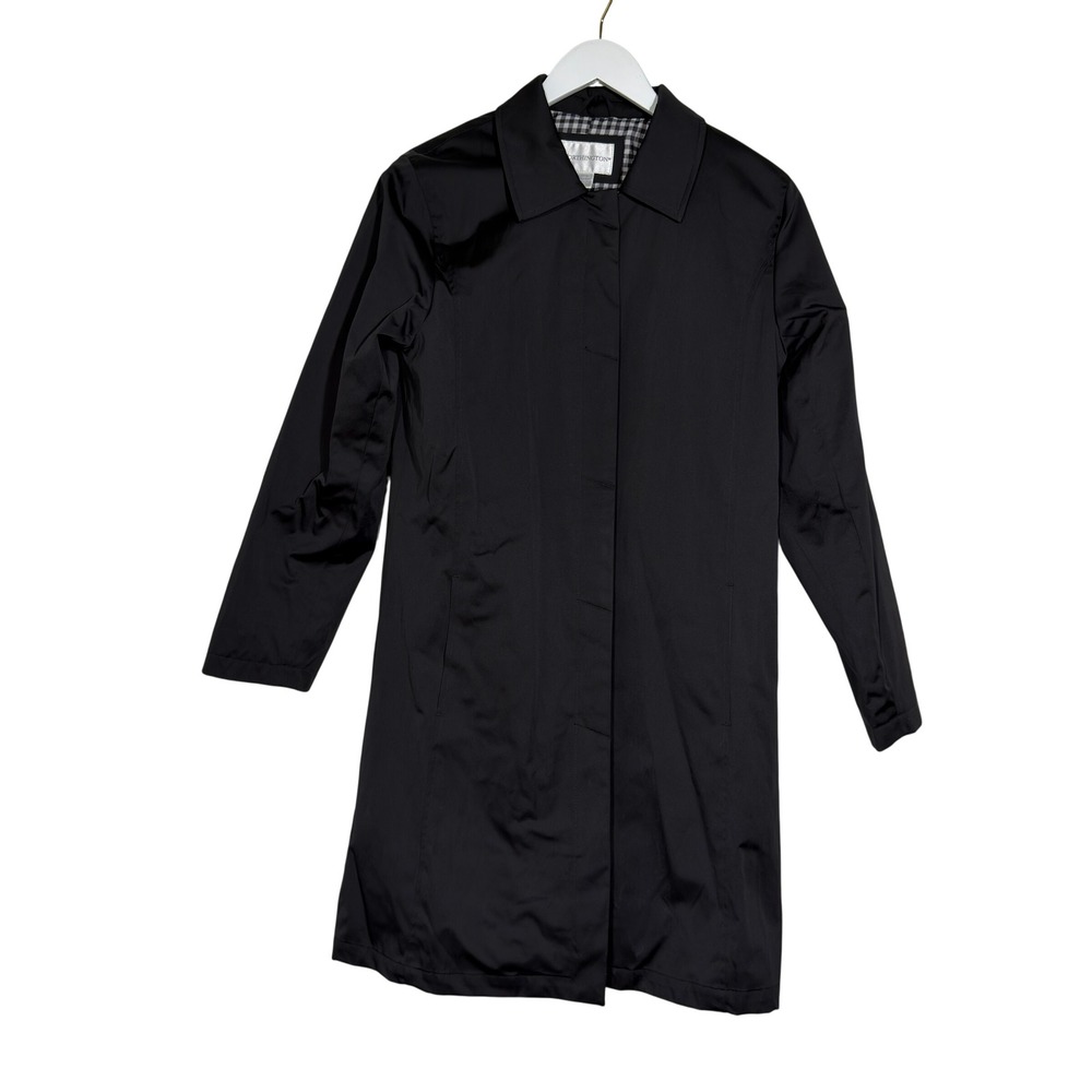 Worthington Black Trench Coat Gingham Lining Medium Button Front Rain Jacket